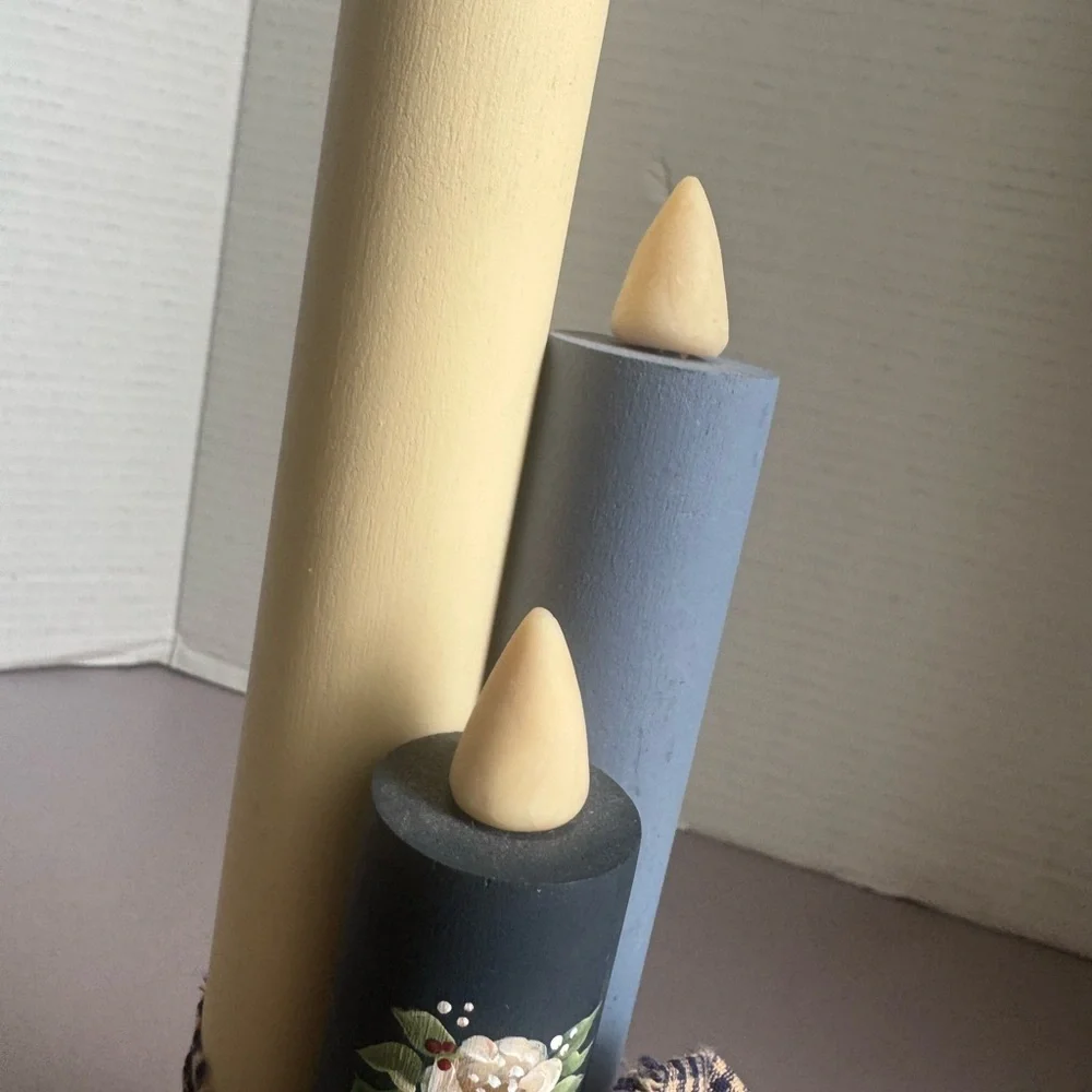 Wood Triple Taper Candle Hand Painted